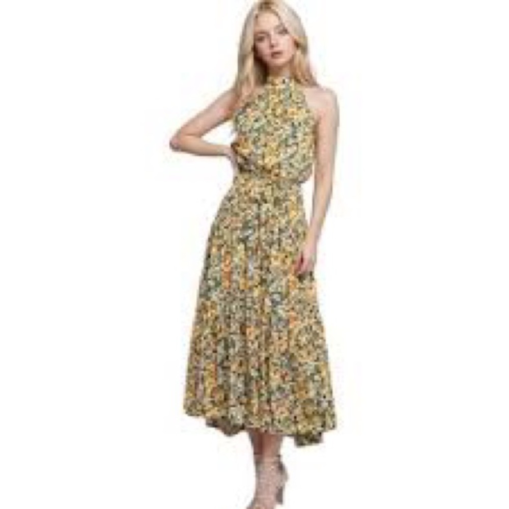 Anna-Kaci Halter Neck Belted Ruffle Yellow Navy Floral Print Maxi Dress XL